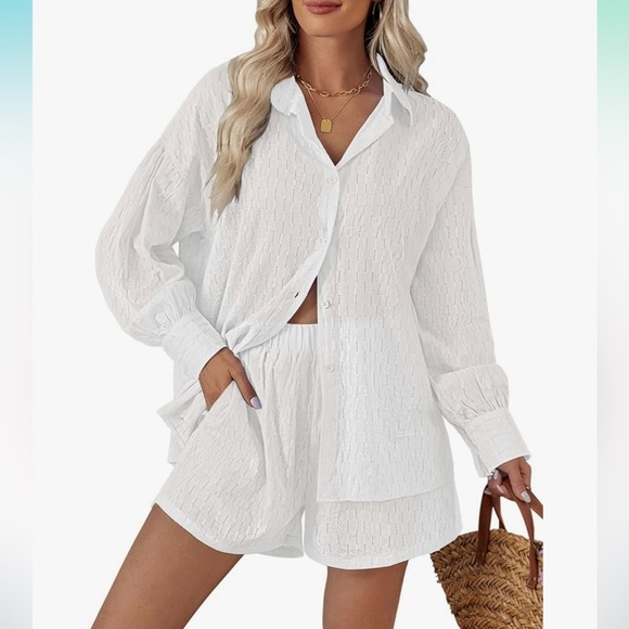 WHITE LONG SLEEVE BUTTON DOWN TOP AND SHORTS TWO PIECE LOUNGE SET / SWIM COVERUP - Picture 1 of 12